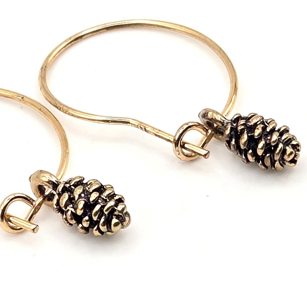 Gold Tone Pine Cone Charm Hoop Earrings Nature Inspired Textured Dangle
